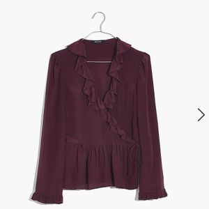 Madewell Ruffle Hem Silk Wrap Top size XS Burgundy/wine